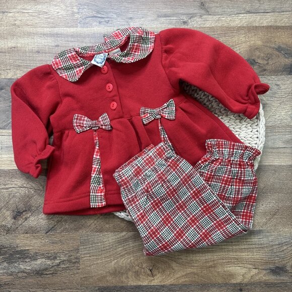 Vintage Little Lindsey Red Plaid Baby Outfit Bow Accents 12 Months Top & Pants - Picture 1 of 7
